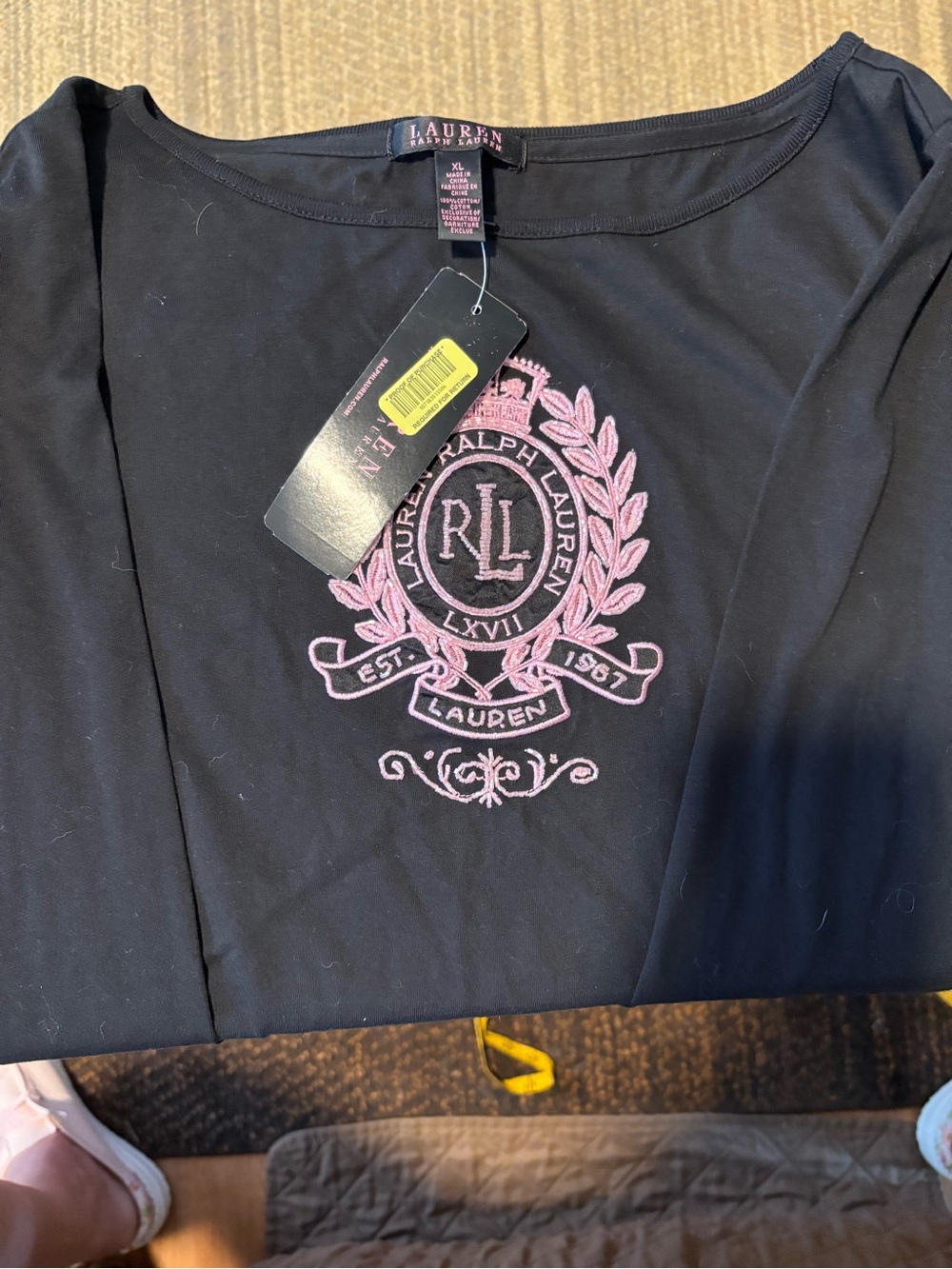 Lauren Ralph Lauren Black Long-Sleeve Top with Pink Embroidered Crest